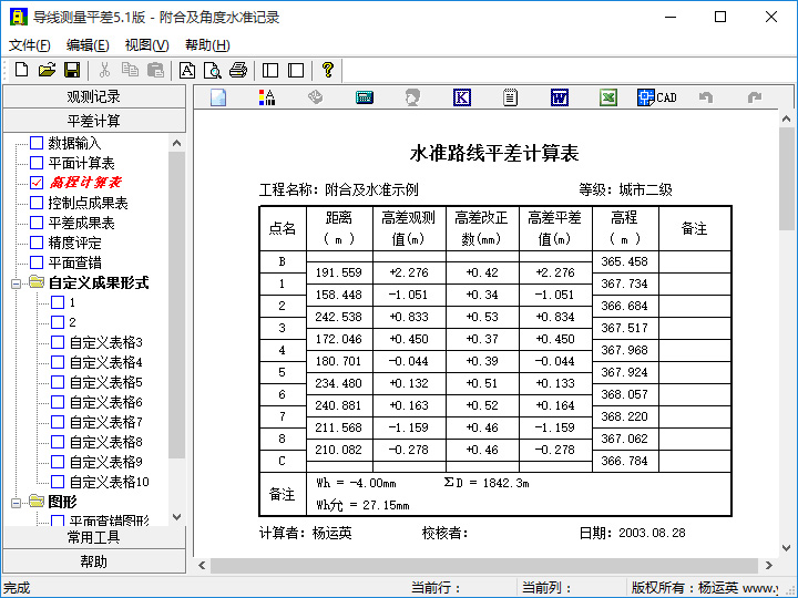 导线测量平差高程平差成果表