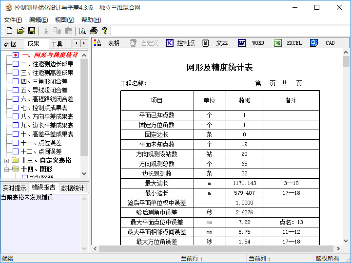 控制测量优化设计与平差精度统计表